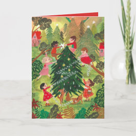 Schattige groene versierde kerstboom kinderen feestdagen kaart