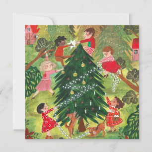 Schattige groene versierde kerstboom kinderen Holi Feestdagenkaart