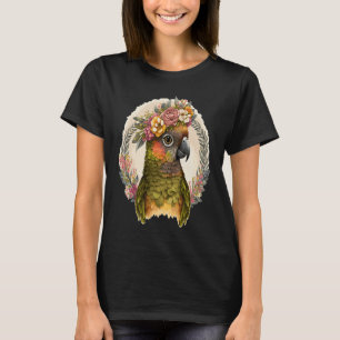 Schattige Groene Wang Conure Papegaai Vogel Bloeme T-shirt