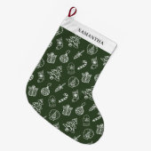 Schattige groene witte Doodle Grote Kerstsok (Voorkant (Hangend))
