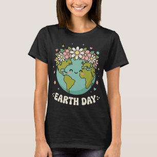 Schattige Groovy Aarde Bloemige Planeet Gelukkige T-shirt