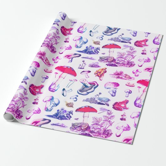 Schattige Groovy Roze Paddestoel Kikker Bospatroon Cadeaupapier (Uitgerold)