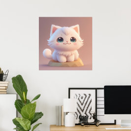 Schattige Grote Ogen Pluizige Witte Kat Poster