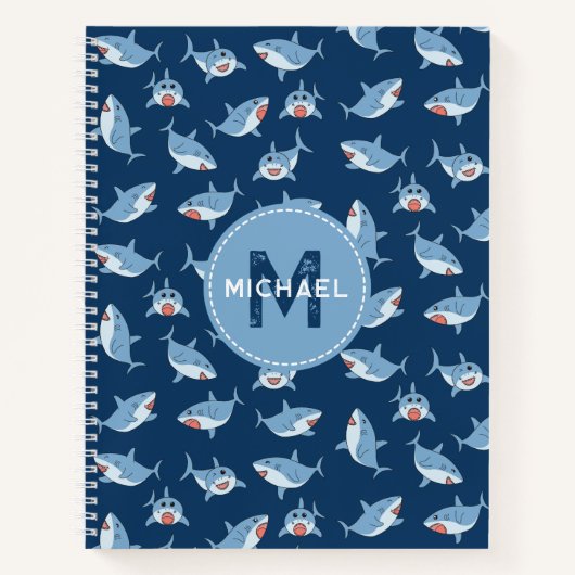 Schattige Grote Witte Haaien Oceaan Monogram Kinde Notitieboek (Voorkant)