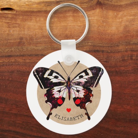 Schattige Grunge vlinder en harten Voeg naam toe Sleutelhanger (Voorkant)