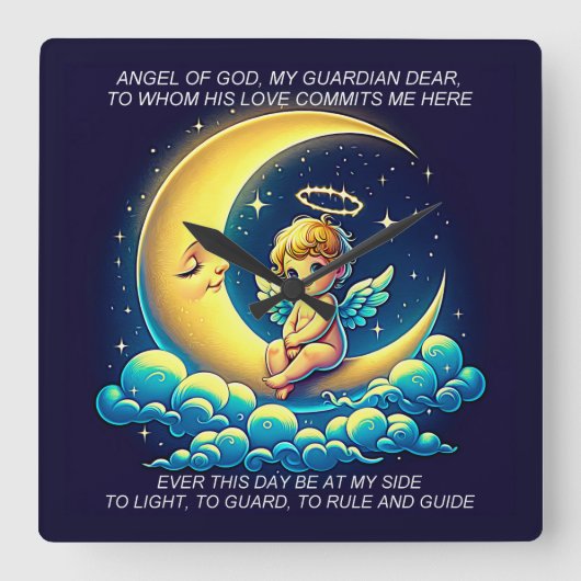 Schattige Guardian Angel Cherub en Moon Expression Vierkante Klok (Voorkant)