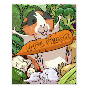 Schattige Guinee Pig 100% Veggie Wortel Cartoon Foto Afdruk