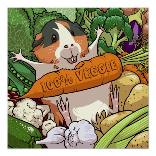 Schattige Guinee Pig 100% Veggie Wortel Cartoon Perfect Poster (Voorkant)