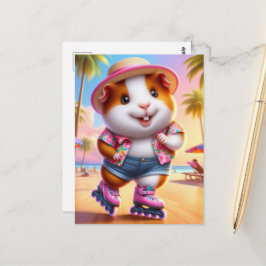 Schattige Guinee Pig Rollerskates op het strand Briefkaart