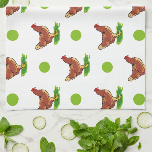 Schattige haan, kip, groene polka stippen theedoek (Gevouwen)