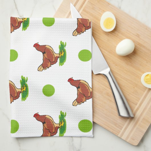 Schattige haan, kip, groene polka stippen theedoek (Quarter Fold)
