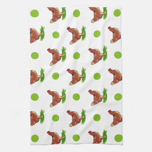 Schattige haan, kip, groene polka stippen theedoek (Verticaal)