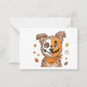 Schattige Half Skelet Half Pompoen Hond Halloween Notitiekaartje