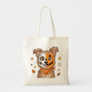 Schattige Half Skelet Half Pompoen Hond Halloween Tote Bag