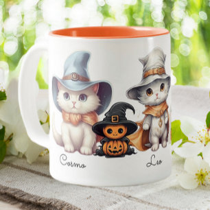 Schattige Halloween 3 Cats Sinaasappel Cape gepers Tweekleurige Koffiemok