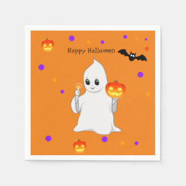 Schattige Halloween-babygeest en pompoenen op oran Servet