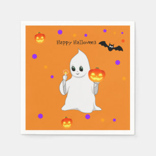 Schattige Halloween-babygeest en pompoenen op oran Servet