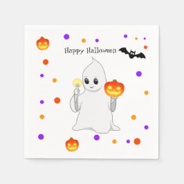 Schattige Halloween-babygeest en pompoenen op wit Servet