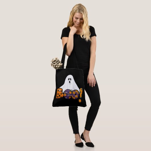 Schattige Halloween BOO met Ghost Black Canvas tas (Op model)