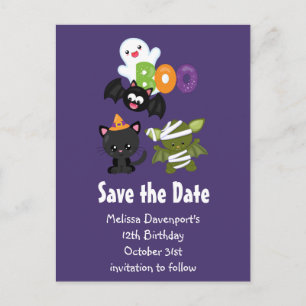 Schattige Halloween Cat, Bat, Mama Save the Date Uitnodiging Briefkaart