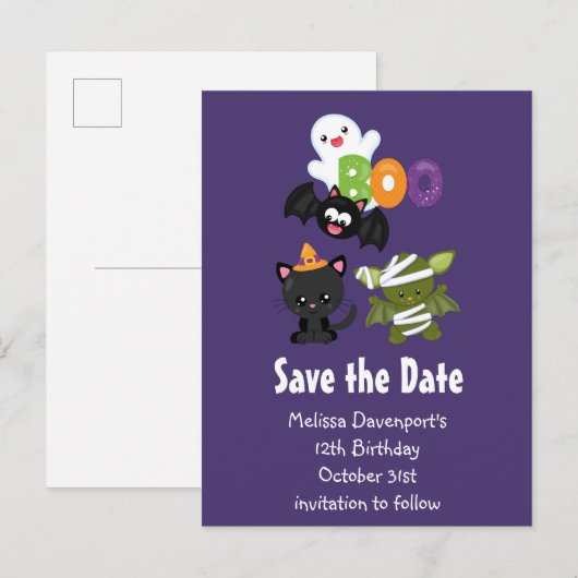 Schattige Halloween Cat, Bat, Mama Save the Date Uitnodiging Briefkaart (Voorkant / Achterkant)