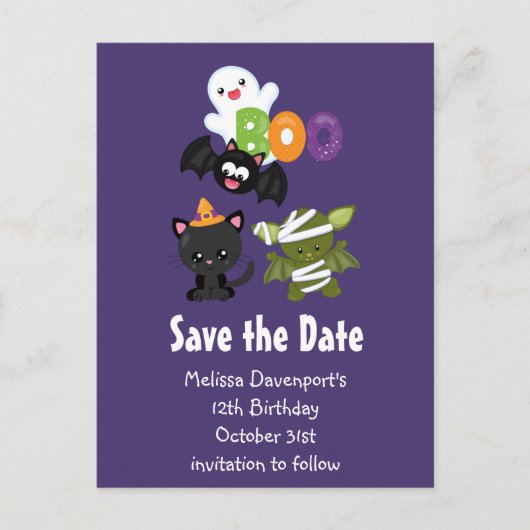 Schattige Halloween Cat, Bat, Mama Save the Date Uitnodiging Briefkaart (Voorkant)