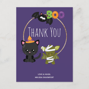 Schattige Halloween Cat, Bat & Mummy Boo Dank je Briefkaart
