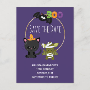 Schattige Halloween Cat, Bat & Mummy Boo Save the  Uitnodiging Briefkaart