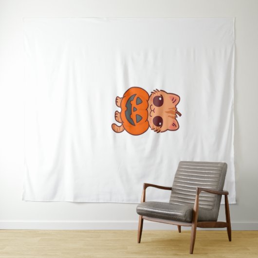 Schattige Halloween Cat T-shirt – Twee Kawaii Cats Wandkleed (In Situ (horizontaal))