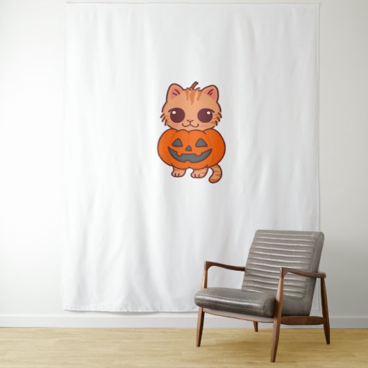 Schattige Halloween Cat T-shirt – Twee Kawaii Cats Wandkleed (In situ)