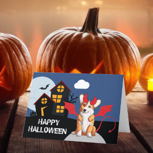 Schattige Halloween Corgi in Duivelkostuum Feestdagen Kaart