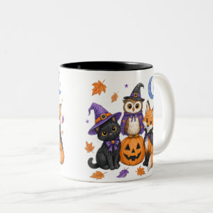 Schattige Halloween Dieren - Heks Zwarte Kat Uil V Tweekleurige Koffiemok