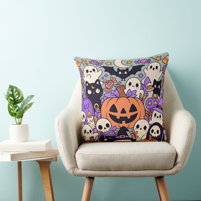 Schattige Halloween Doodle Collage Kussen (Stoel)