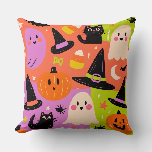 Schattige Halloween Doodle - Geest Pompoen Kat Kussen (Voorkant)