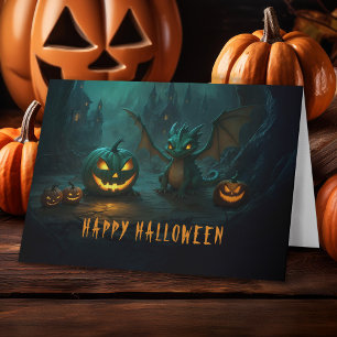 Schattige Halloween-draak met griezelige pompoenen Feestdagen Kaart