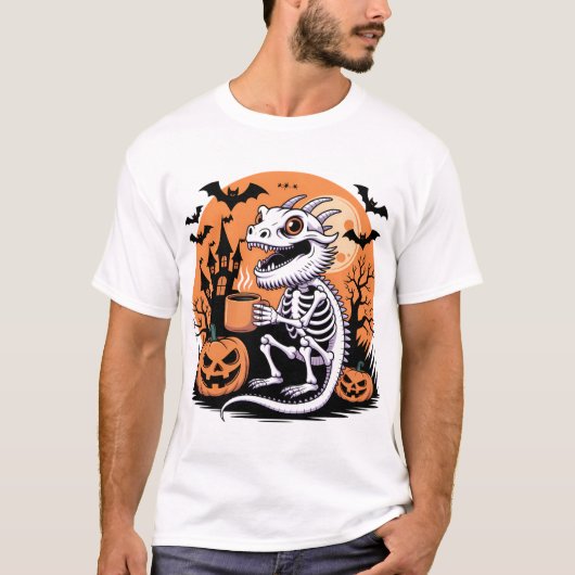 Schattige Halloween Dragon Skelet met Koffie T-shirt (Voorkant)