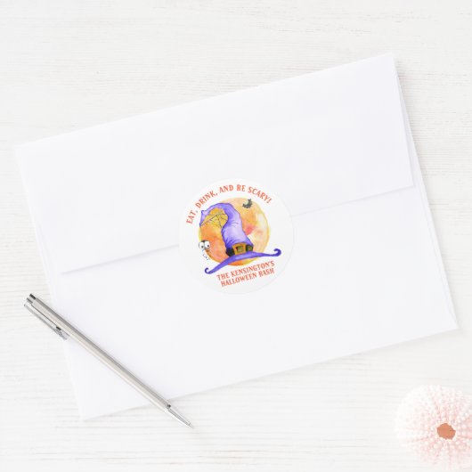 Schattige Halloween Eat Drink Wees Enge Paarse Hek Ronde Sticker (Envelop)