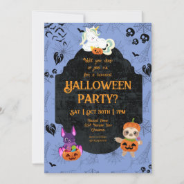Schattige Halloween-eenhoorn, vleermuis, luiaardfe Kaart