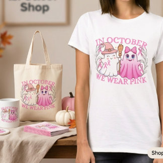 Schattige Halloween Geest Borstkanker Bewustzijn T-shirt