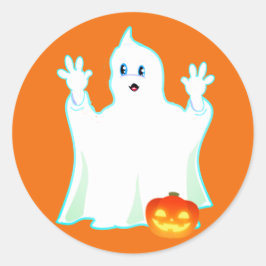 Schattige Halloween-geest en pompoen op oranje kla Ronde Sticker