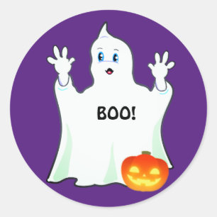 Schattige Halloween-geest en pompoen op paars Ronde Sticker