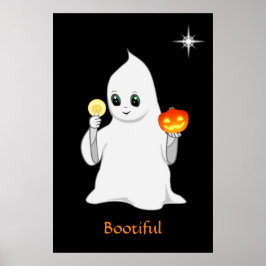 Schattige Halloween-geest en pompoen op zwart Poster