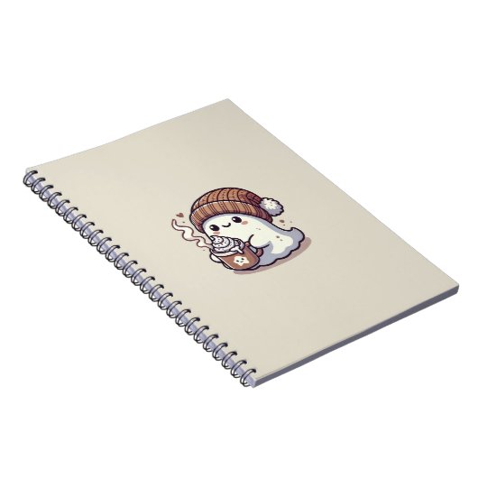 Schattige Halloween-geest in herfstmuts en warme c Notitieboek (Rechterzijde)