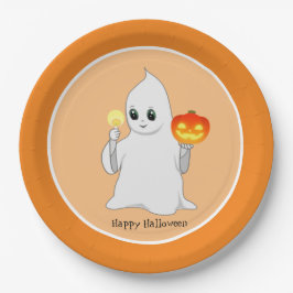 Schattige Halloween Geest & Pompoen op Oranje Papieren Bordje