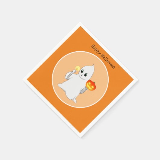 Schattige Halloween Geest & Pompoen op Oranje Servet (Hoek)