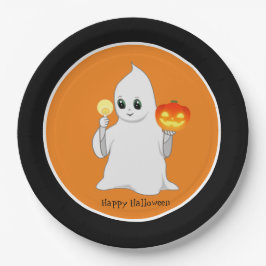 Schattige Halloween Geest & Pompoen op Oranje & Zw Papieren Bordje