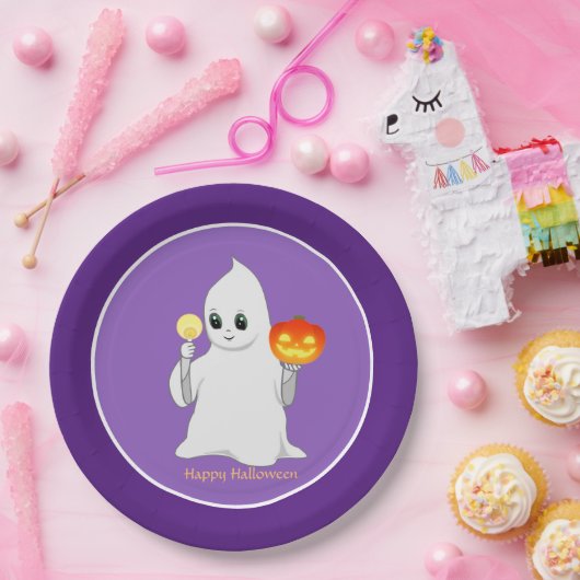 Schattige Halloween Geest & Pompoen op Paars Papieren Bordje (Feest)