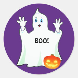 Schattige Halloween Geest & Pompoen op Paars Ronde Sticker