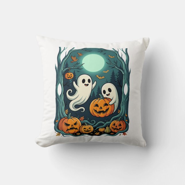 Schattige Halloween-geesten en Jack O Lantern-bos  Kussen (Voorkant)