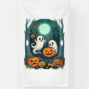 Schattige Halloween-geesten en Jack O Lantern-bos Spandoek